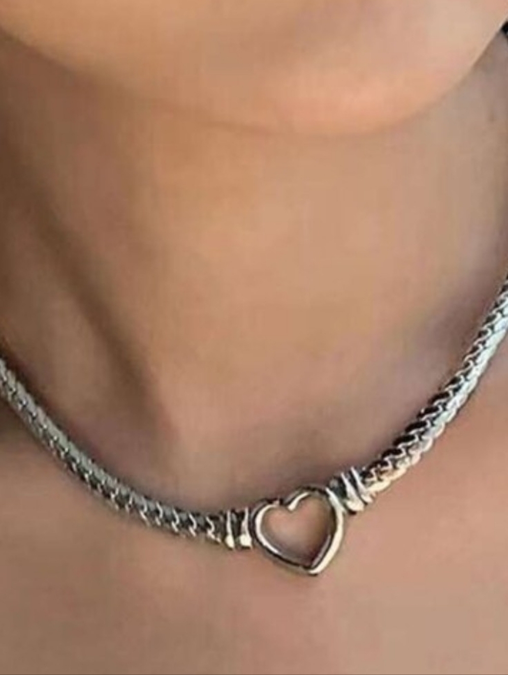 Silver Heart Link Choker Necklace - Silver